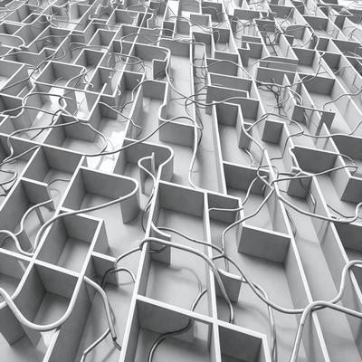The primary subject of the image is a large, intricate, and interconnected network of white boxes. The setting is a white background, which provides a clean and minimalist appearance. The visual style is a combination of digital art and illustration, creating a complex and detailed pattern. The colors and mood of the image are predominantly white, giving it a clean, modern, and sophisticated feel.